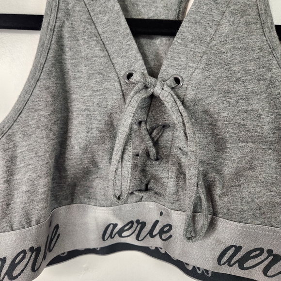 Aerie Gray Lace-Up Bra Wireless Bralette Racerback Size Medium Yoga Workout Gym - Picture 5 of 6